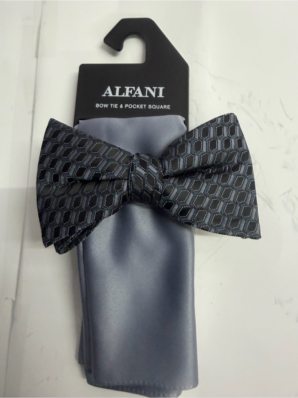 Alfani Black Geometric Bow Tie with Silver Pocket Square